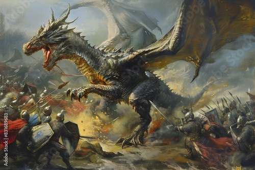 Ferocious Dragon Assaulting Valiant Knights in Fantastical Medieval Battlefield