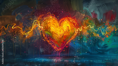 abstract colorful heart shape with pulse , dynamic love background.