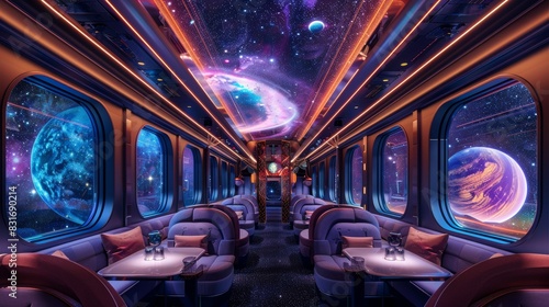 Cosmic train interior with vibrant planets visible through large windows, ambient lighting, and sleek, modern seating