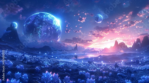 Cosmic orbs in a vast, celestial expanse, each one a gateway to a unique, fantastical world blending elements of science fiction