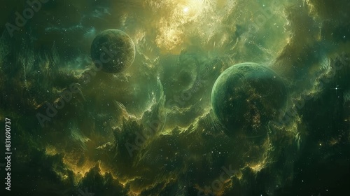 Cosmic orbs in a vast, celestial expanse, each one a gateway to a unique, fantastical world blending elements of science fiction