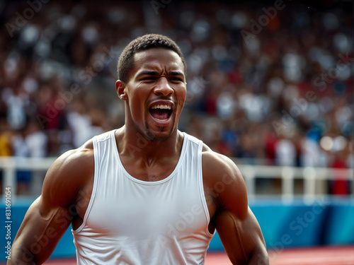Exultant african american male athlete in white tank top celebrates victory. Portrait of a triumphant olympic atlhete on stadium track