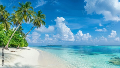 idyllic tropical beach with white sand palm trees and turquoise ocean against blue sky maldives summer day