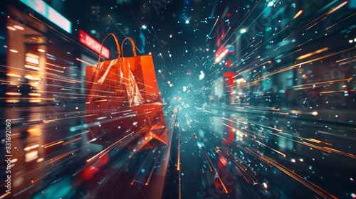A digital landscape showing a stream of data leading to a virtual shopping bag, online shopping, dynamic and dramatic compositions