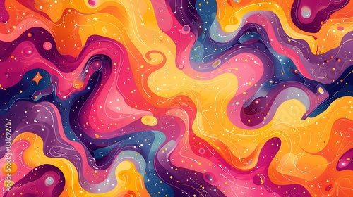 background filled with vibrant, swirling patterns in bright colors like pink, orange, and yellow