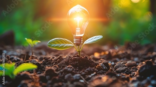 A lightbulb with leaves growing from soil, illuminated by sunlight, symbolizing innovation, sustainability, and green energy concepts.