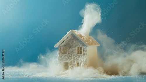 miniature house made of dust disintegrating on blue background,