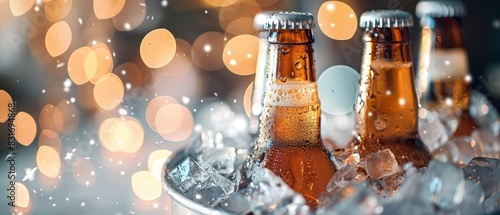 Cold beer bottles in a metal ice bucket, ice cubes sparkling, bar lights softly blurred in the background
