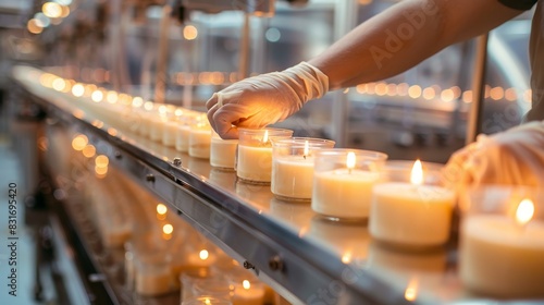 Close-up of hands carefully placing natural candles onto a production conveyor line, modern factory background, focused and precise