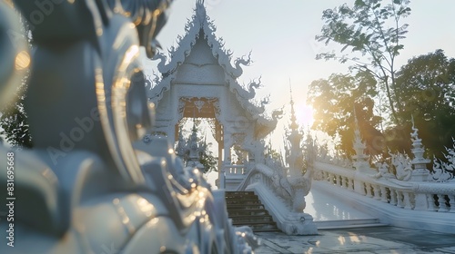 Mesmerizing White Temple in Chiang Rai Thailand Reflecting Tranquil Sunset Scenery