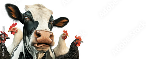 Comical Cow and Chicken Companions. Whimsical Farmyard Friends. 3D Cartoon On White Background. 
