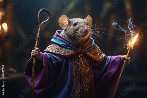 Fantasy image of a mouse sorcerer dressed in elaborate robes, holding a mystical staff