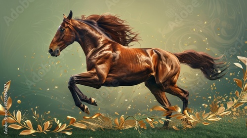 Horse, Black stallion with flowing mane runs wild on the beach
