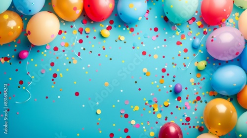 Bright And Colorful Balloons And Confetti On A Blue Background. Perfect For A Party Or Celebration.
