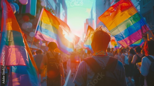 Celebratory LGBT Parade: Vibrant Monochromatic Street Scene with Exuberant Crowd and Flags in Hyper-Detailed Back View