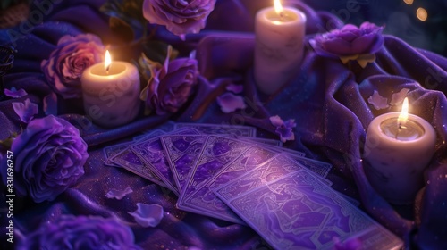 A Beautiful Spread Of Tarot Cards On A Purple Velvet Cloth, Surrounded By Candles And Roses.