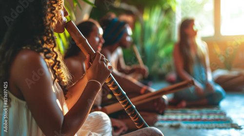 Group sound healing session with traditional wind instruments
