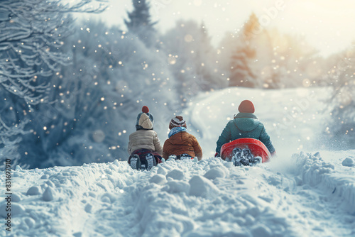 Family riding a toboggan down a snowy hill Stock Photo with copy space