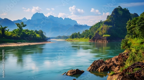 Tranquil Mekong River Surrounded by Lush Jungles and Majestic Mountains in Northern Thailand