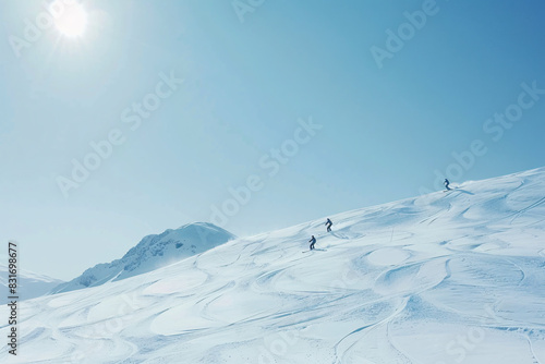 Skiers descending a snowy mountain slope under a clear blue sky Stock Photo with copy space