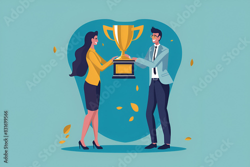 Business Professionals Celebrating with a Trophy on Teal Background