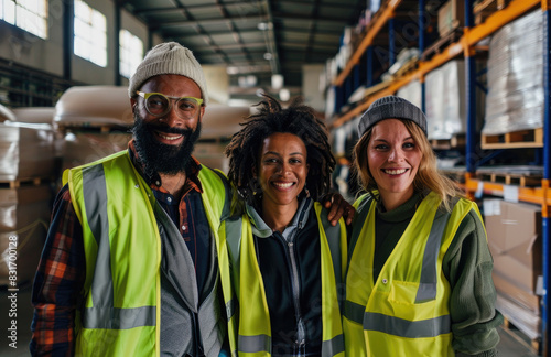 A smiling group of warehouse workers wearing yellow safety vests