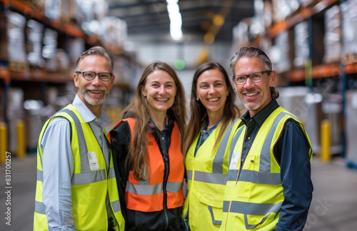 A smiling group of warehouse workers wearing yellow safety vests