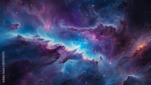 Celestial beauty vibrant nebula illuminated by bright stars in hues of blue, purple, and pink