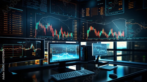 An HD realistic image showing a professional financial market setting with company graphs, increasing arrows, and trading data displayed on monitors.