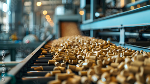Close-up view of a wood pellet production line in an industrial facility.