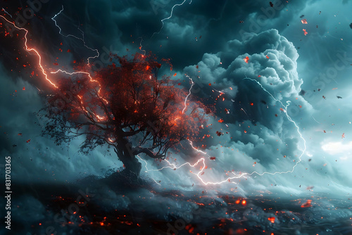 Dramatic Panorama of a Turbulent Storm with Lightning Striking a Lone Tree in the Foreground