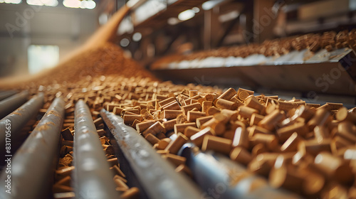 Close-up view of a wood pellet conveying system in a factory.