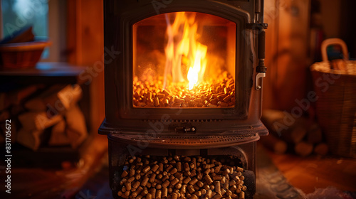 A warm pellet stove fire in a cozy, rustic room.