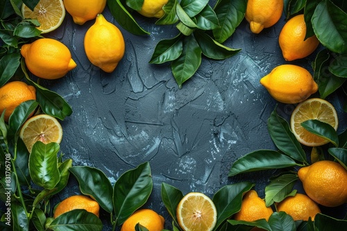 Frame with lemon fruits citrus and leaves