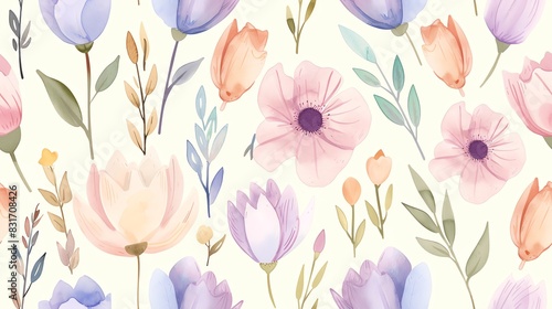 Flat watercolor pastel-colored seamless pattern featuring delicate flowers and leaves, perfect for a serene and charming look
