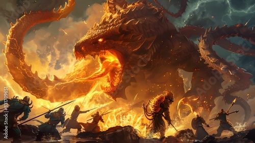 Heroic Warriors Facing Mythical Fire Breathing Hydra in Intense Battle