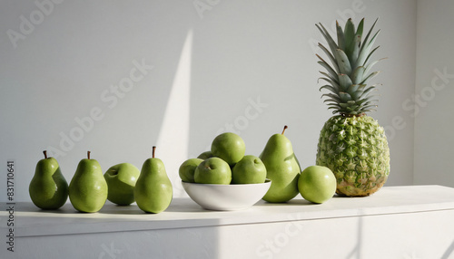 a white wall with texture and shadows, green fruits
