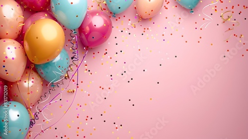 Carnival Atmosphere Balloons and Streamers Adorning a Minimalist Pink Background