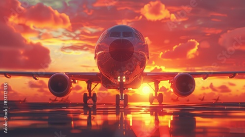 Airplane on runway at sunset, with bright orange and red sky.