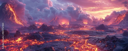 Fiery landscape with glowing clouds and a volcanic eruption.
