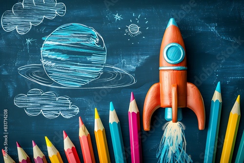 Back To School - Books And Pencils With Rocket Sketch