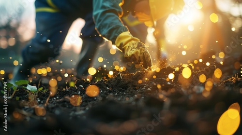 Workers in protective gear carefully extracting digital coins from the earth using specialized tools.