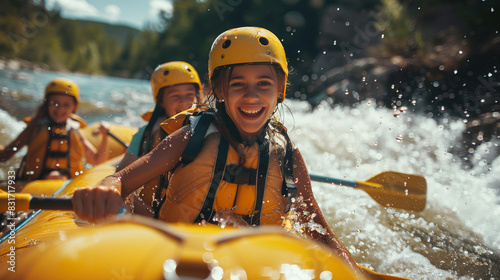 Young family having fun whitewater river rafting in the summer.