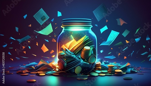 A savings jar shattered with coins and notes dispersed on a minimalist background. 