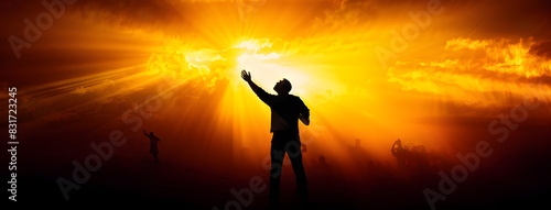 Christian praying to God and man shouting with arms raised to God, pain and trial and sorrow darkness and bright light and rays, hope and despair concept