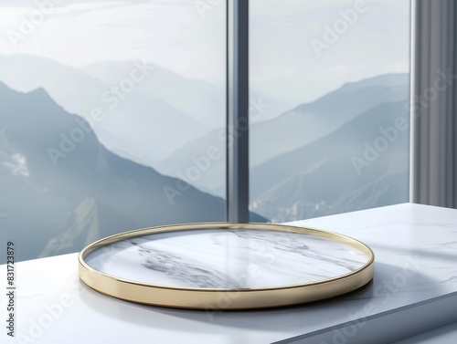 Sleek marble tray with golden trim harmonizes with tranquil mountain views