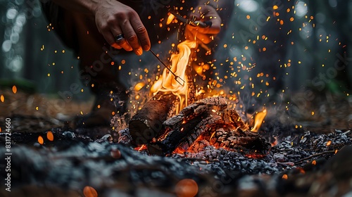 Man building a campfire, showcasing survival skills