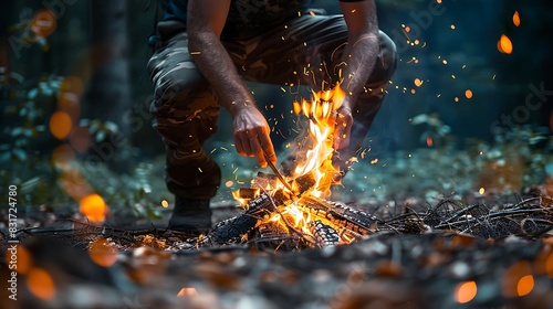 Survival Skills Mastery, Man Builds Campfire, Demonstrating Survival Skills