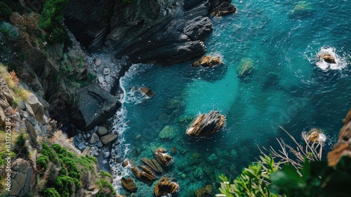 Incredible view beneath Manarola Cinque Terre where the cliffs meet the sea displaying the vivid greens and blues of the Mediterranean waters