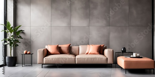  Peach fuzz trend color year 2024 in the premium livingroom. Painted mockup wall for art - microcement pastel beige taupe colour. Modern room design interior lounge. Accent apricot pillows. 3d render 